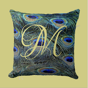 Elegant Gold Monogram Colorful Peacock Feathers Throw Pillow