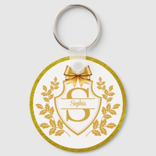 Elegant Gold Monogram Crest, Bow Personalized Name Keychain