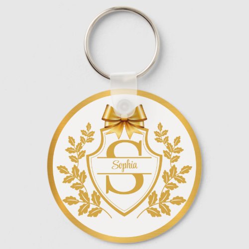 Elegant Gold Monogram Crest, Bow Personalized Name Keychain