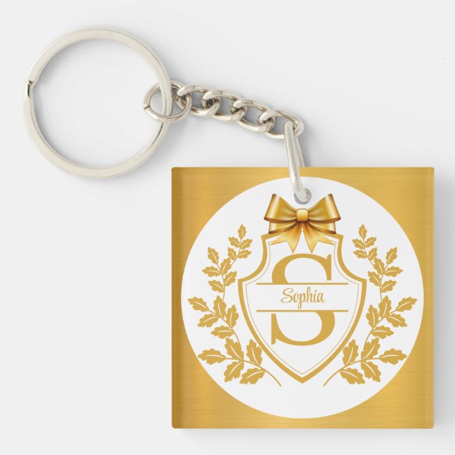 Elegant Gold Monogram Crest, Bow Personalized Name Keychain (Front)