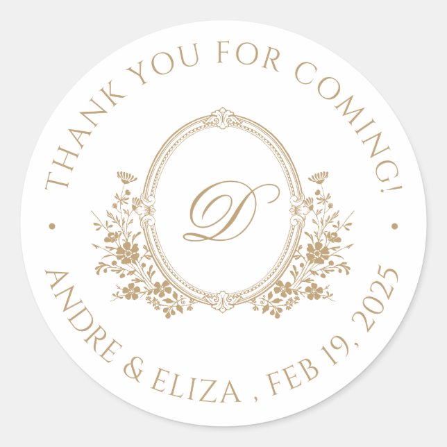 Elegant Gold Monogram Crest Classic Round Sticker (Front)