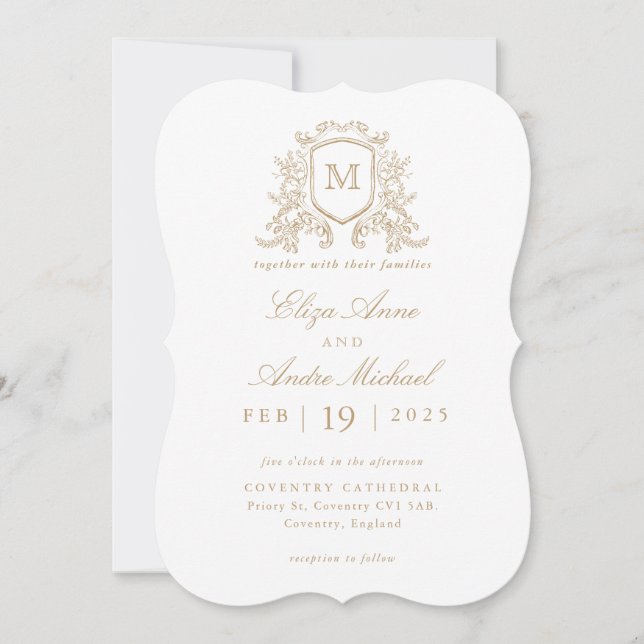 Elegant Gold Monogram Crest Custom Wedding Invitation (Front)