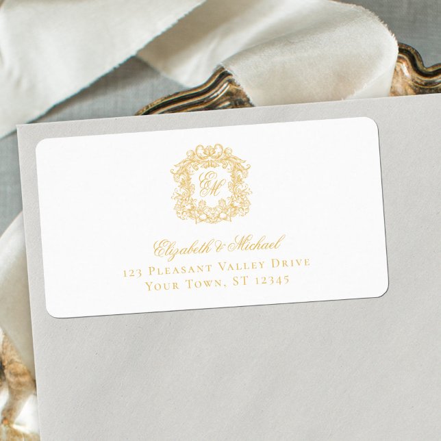 Elegant Gold Monogram Crest Wedding Address Label (Creator Uploaded)