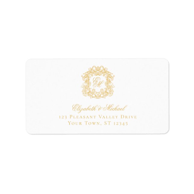 Elegant Gold Monogram Crest Wedding Address Label (Front)