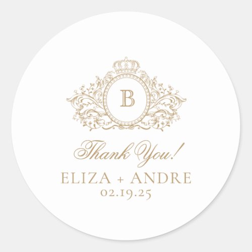 Elegant Gold Monogram Crest Wedding  Classic Round Sticker