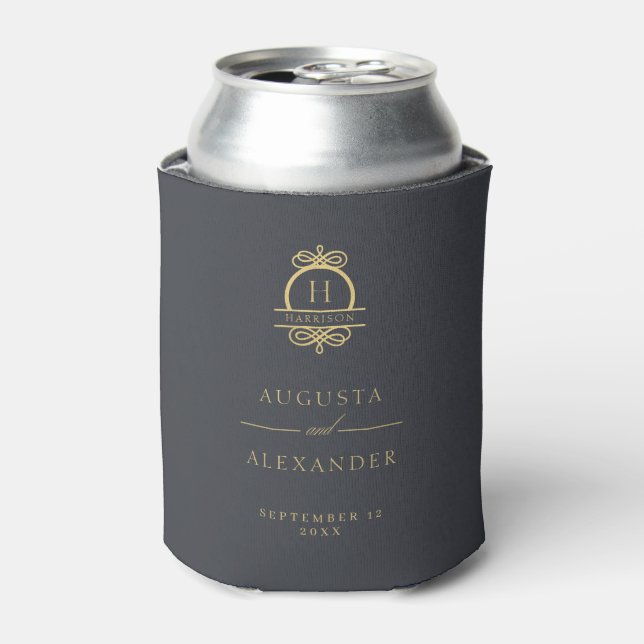 Elegant Gold Monogram Custom Wedding Names   Can Cooler (Can Front)