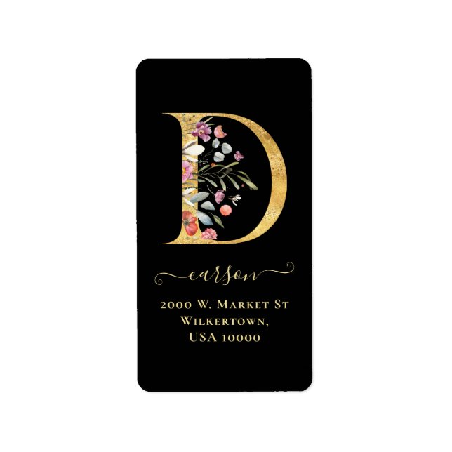 Elegant Gold Monogram D Floral Address Label (Front)
