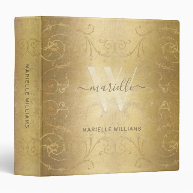 Elegant Gold Monogram Damask Modern Script 3 Ring Binder (Front/Spine)