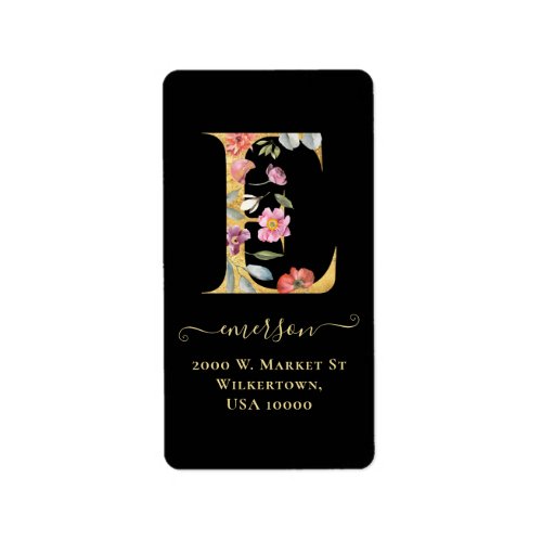 Elegant Gold Monogram E Floral Address Label