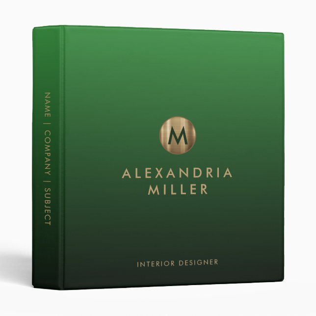 Elegant Gold Monogram Emerald Green 3 Ring Binder (Front/Spine)