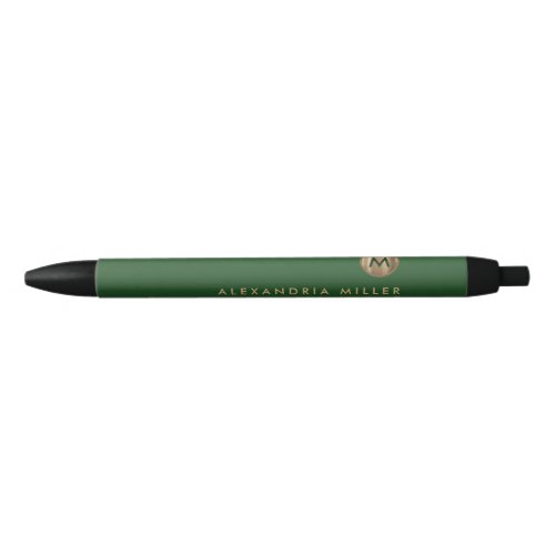 Elegant Gold Monogram Emerald Green Black Ink Pen