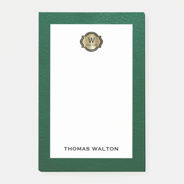 Elegant Gold Monogram Emerald Green Leather Look Post-it Notes (Front)