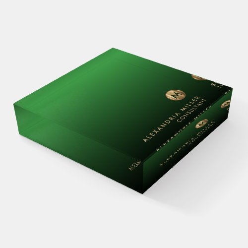 Elegant Gold Monogram Emerald Green Paperweight