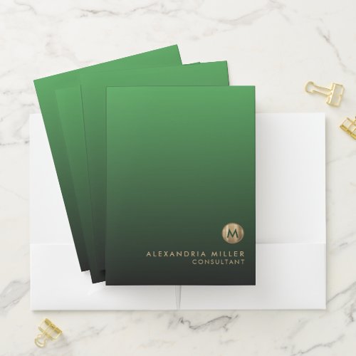 Elegant Gold Monogram Emerald Green Pocket Folder