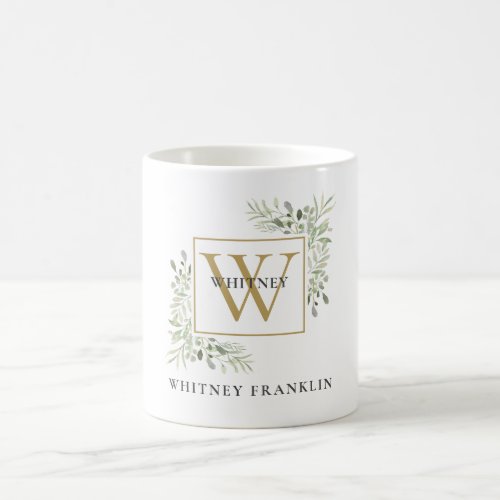 Elegant Gold Monogram Eucalyptus Greenery Coffee Mug