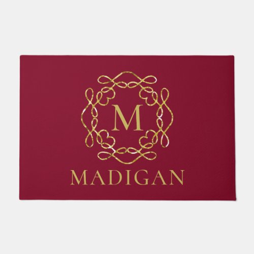 Elegant Gold Monogram Family Name Burgundy Red Doormat