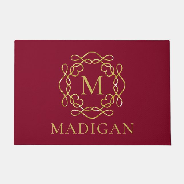 Elegant Gold Monogram Family Name Burgundy Red Doormat (Front)