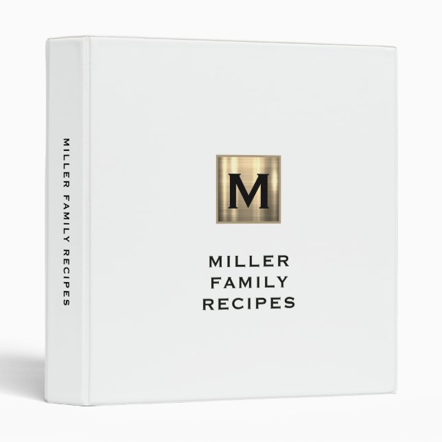 Elegant Gold Monogram Family Recipe 3 Ring Binder (Front/Spine)