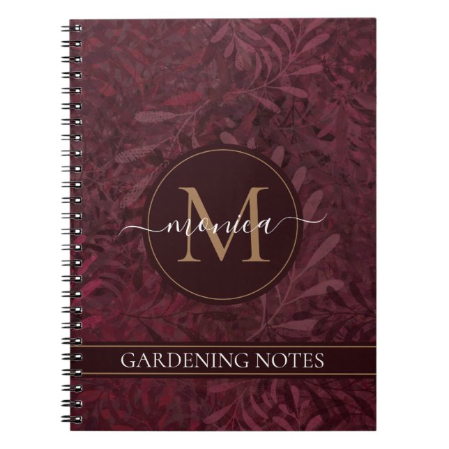Elegant Gold Monogram Floral Brown Maroon Notebook (Front)