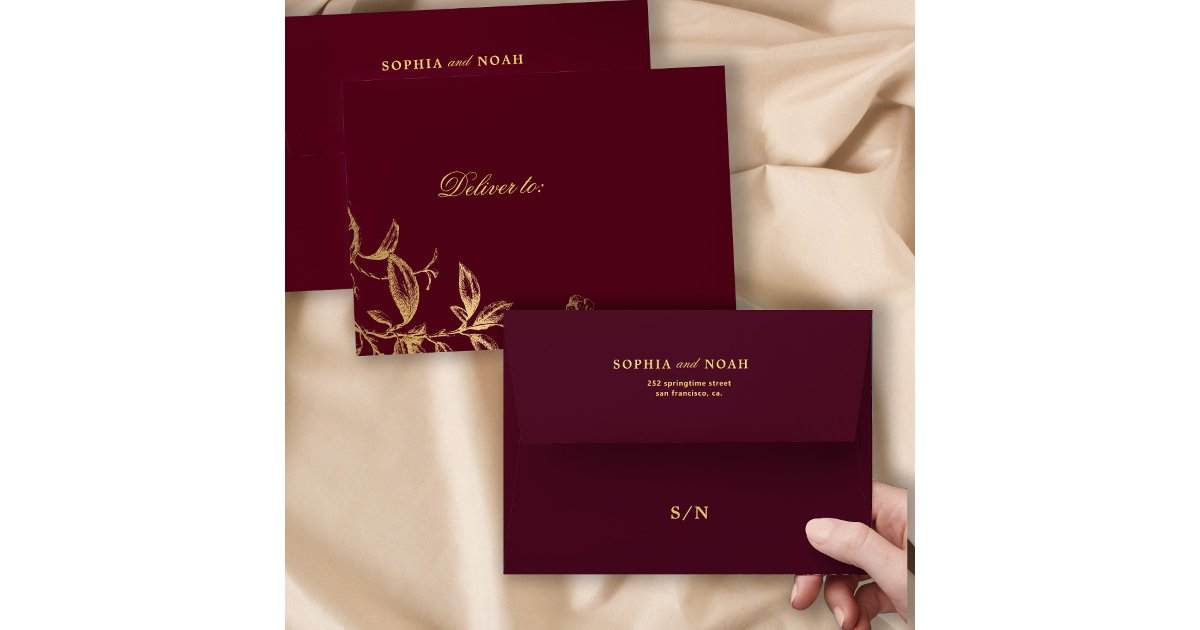 Elegant gold monogram floral burgundy wedding envelope | Zazzle