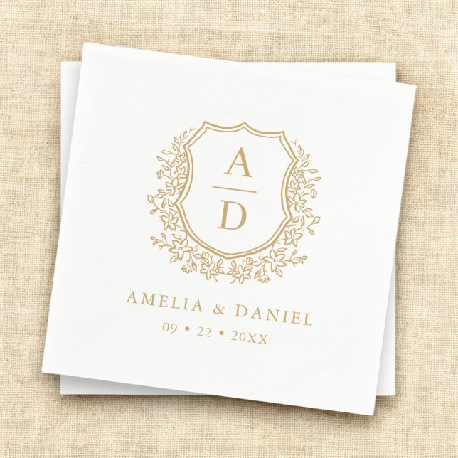 Elegant Gold Monogram Floral Crest Wedding  Napkins (Creator Uploaded)