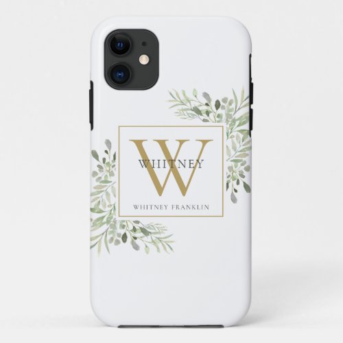 Elegant Gold Monogram Floral Greenery iPhone 11 Case