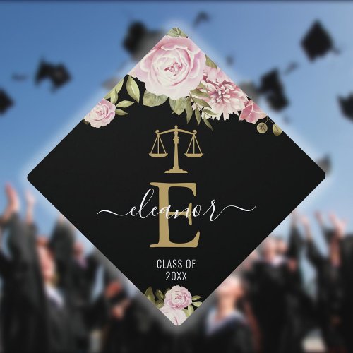 Elegant Gold Monogram Floral Law School Graduation Cap Topper