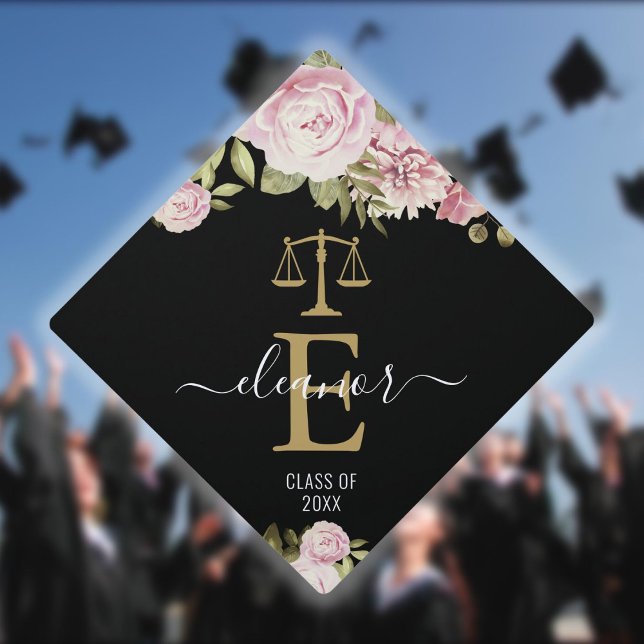 Elegant Gold Monogram Floral Law School Graduation Cap Topper (Creator Uploaded)