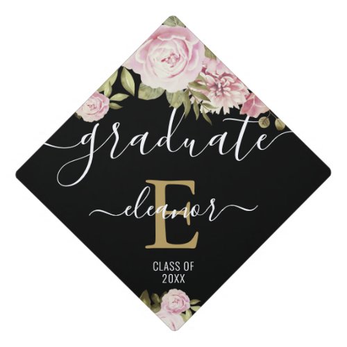 Elegant Gold Monogram Floral Personalized Name Graduation Cap Topper