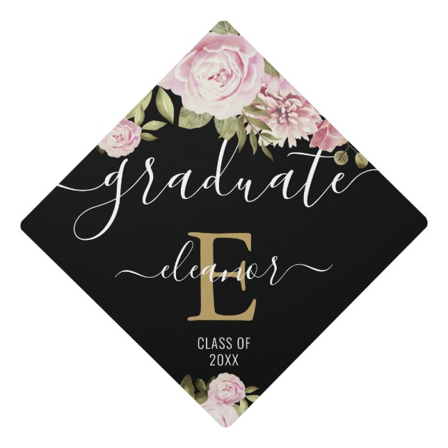 Elegant Gold Monogram Floral Personalized Name Graduation Cap Topper (Front)