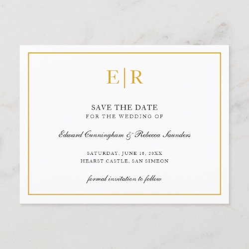 Elegant Gold Monogram Formal Wedding Save the Date Announcement Postcard