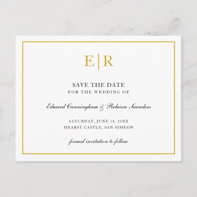 Elegant Gold Monogram Formal Wedding Save the Date Announcement Postcard (Front)