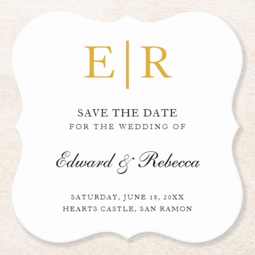 Elegant Gold Monogram Formal Wedding Save the Date Paper Coaster