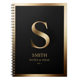Elegant Gold Monogram Framed   Black Notebook