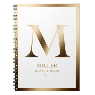 Elegant Gold Monogram Framed   White Notebook