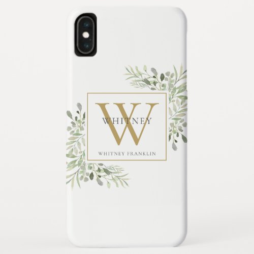 Elegant Gold Monogram Greenery iPhone XS Max Case