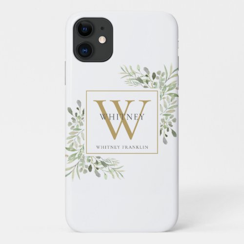 Elegant Gold Monogram Greenery iPhone 11 Case