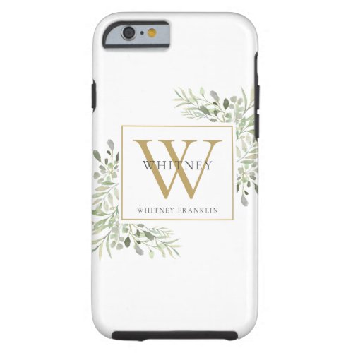 Elegant Gold Monogram Greenery Tough iPhone 6 Case