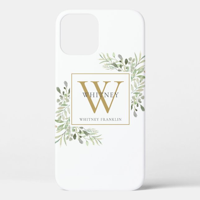 Elegant Gold Monogram Greenery Case-Mate iPhone Case (Back)