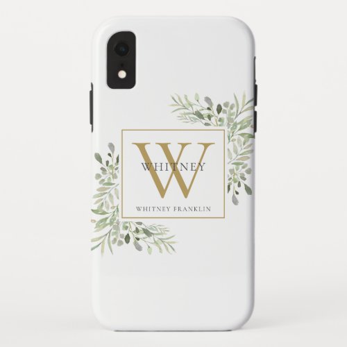 Elegant Gold Monogram Greenery Chic iPhone XR Case