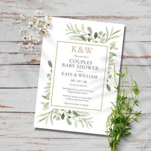 Elegant Gold Monogram Greenery Couples Baby Shower Invitation