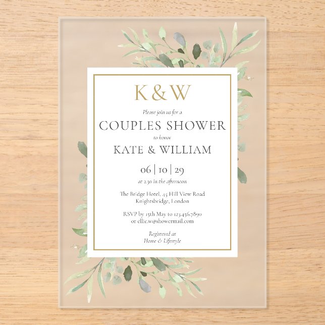 Elegant Gold Monogram Greenery Couples Shower Acrylic Invitations (Front)