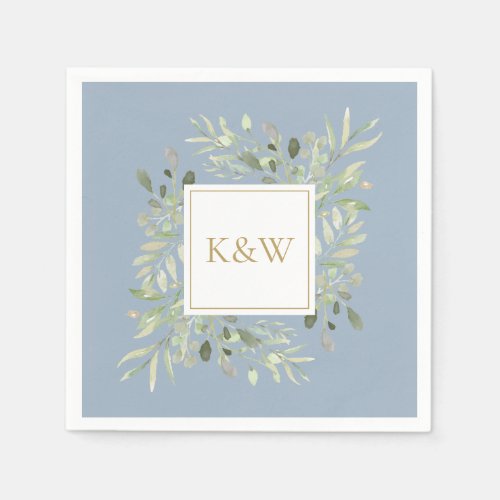 Elegant Gold Monogram Greenery Dusty Blue Napkins