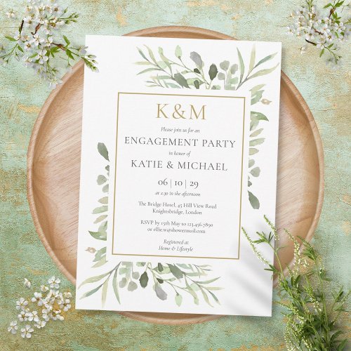 Elegant Gold Monogram Greenery Engagement Party Invitation