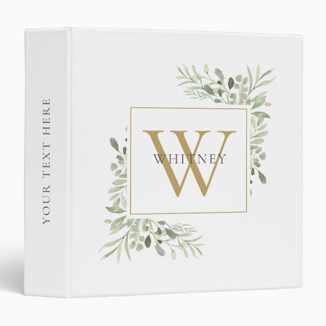 Elegant Gold Monogram Greenery Floral 3 Ring Binder (Front/Spine)