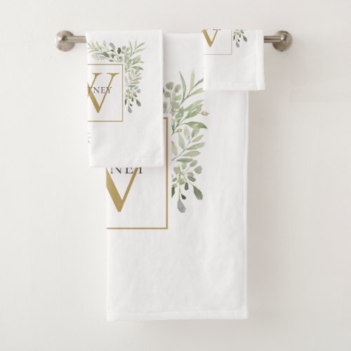 Elegant Gold Monogram Greenery Floral Bath Towel Set