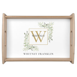 Elegant Gold Monogram Greenery Foliage Serving Tray