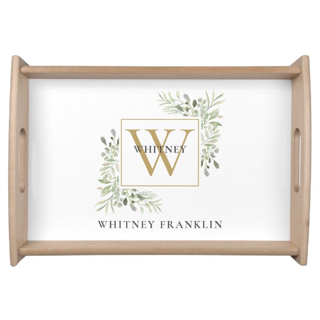 Elegant Gold Monogram Greenery Foliage Serving Tray (Front)