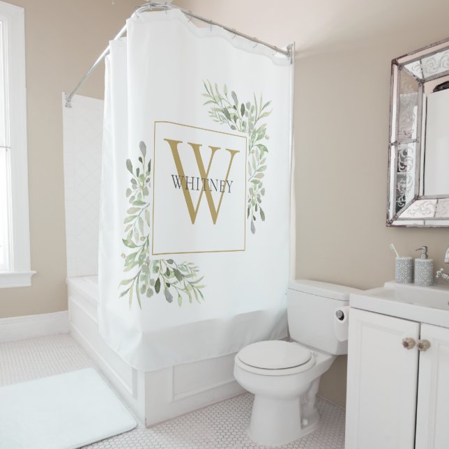 Elegant Gold Monogram Greenery Foliage Shower Curt Shower Curtain (In Situ)