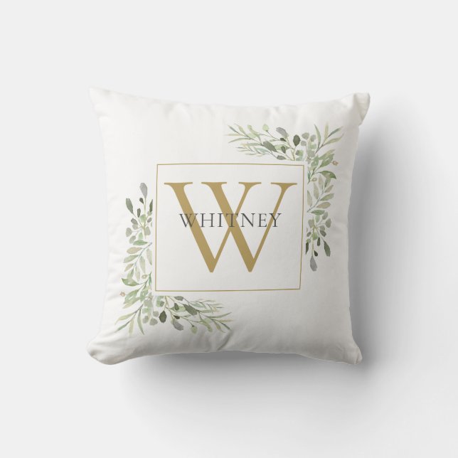 Elegant Gold Monogram Greenery Foliage Throw Pillow (Front)